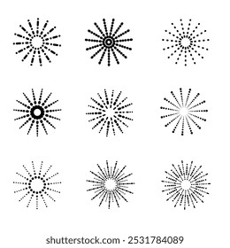 Um conjunto de nove padrões radiais pontilhados pretos diferentes que se assemelham a raios solares abstratos ou formas de estrelas. Cada padrão varia em disposição de pontos e densidade.