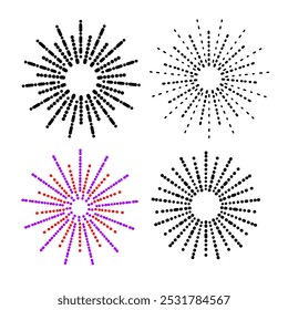 Un conjunto de nueve patrones radiales diferentes de puntos negros que se asemejan a las Formas abstractas del sol o de las estrellas. Cada patrón varía en la disposición de puntos y densidad.