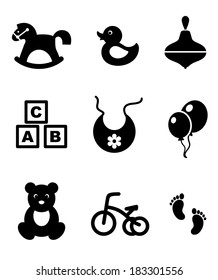 Set of nine different black and white baby icons depicting a rocking horse, duck, spinning top, abc blocks, bib, balloons, tricycle and footprints, vector illustration isolated on white