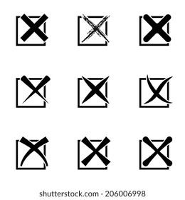 Set of nine different black and white cross marks in square frames. Vector illustration