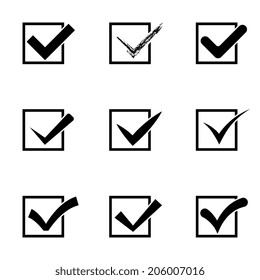 Conjunto de nueve marcas de verificación en blanco y negro diferentes o marcas en cuadros cuadrados. Ilustración del vector