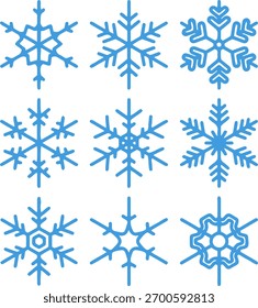 Conjunto de nove diferentes ícones azuis flocos de neve coleção de contorno simples mínimo