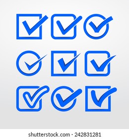 Set of nine different blue and white vector check marks or ticks in boxes conceptual of confirmation acceptance positive passed voting agreement true or completion of tasks on a list