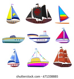 Set of nine different boats isolated on white background