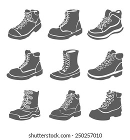 Set of nine different boots illustration isolated on white background vector