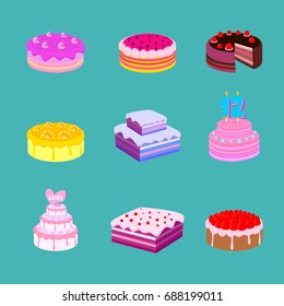 Set of nine different cakes isolated on blue background