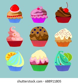 Set of nine different cakes isolated on blue background