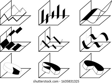 A set of nine different charts for presentations and other purposes. Vector illustration.