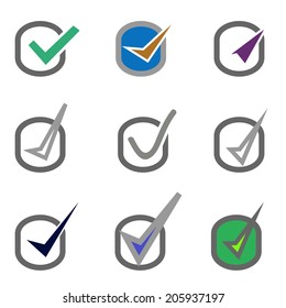 Set of nine different check marks or ticks in boxes conceptual of confirmation acceptance positive passed voting agreement true or completion of tasks on a list 