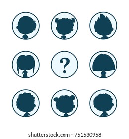 Set of nine different children head silhouettes in circles