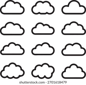 Conjunto de nove ícones de nuvem diferentes na ilustração de vetor de fundo branco