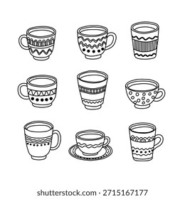 A set of nine different coffee cups and mugs design with decorative outline elements and designs.