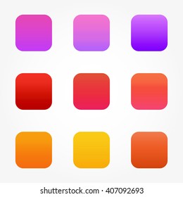 Set of nine different colored buttons trendy gradients in warm tones of red, orange, purple for your phone.