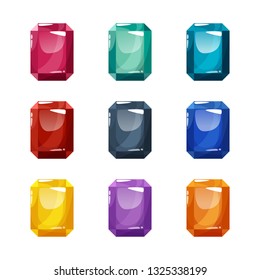 Set of nine different colored crystals, gemstones, gems, octagon diamonds. Vector gui assets collection in cartoon style for game design isolated on white background