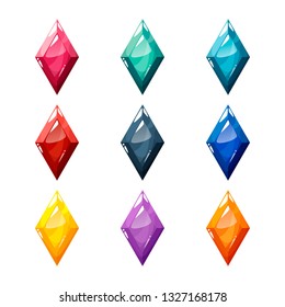 Set of nine different colored crystals, gemstones, gems, rhombus diamonds. Vector gui assets collection in cartoon style for game design isolated on white background.