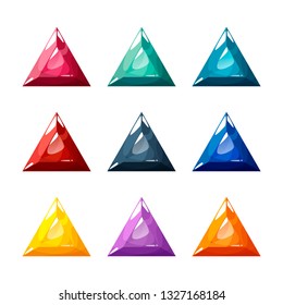 Set of nine different colored crystals, gemstones, gems, triangle diamonds. Vector gui assets collection in cartoon style for game design isolated on white background.