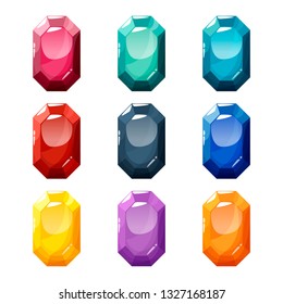 Set of nine different colored crystals, gemstones, gems, octagon diamonds. Vector gui assets collection in cartoon style for game design isolated on white background.