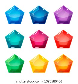 Set of nine different colored crystals, gemstones, gems, diamonds. Vector gui assets collection in cartoon style for game design isolated on white background.