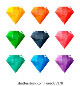 Set of nine different colored crystals, gemstones, gems, diamonds. Vector gui assets collection in cartoon style for game design isolated on white background.