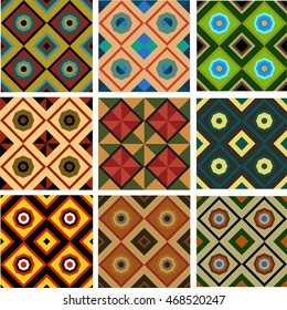 Set of nine different colored geometric pattern of seamless squares, triangles and octagons