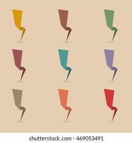 Set of nine different colored paper lightning, thunderbolt with the shadow, second set, vector illustration.
