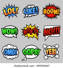 Conjunto de nueve stickers diferentes y coloridos. El discurso de arte pop burbuja con LOL, COMO, BOOM, WOW, WTF, NO, OMG, OH, SÍ.  Aislado, vectorial eps 10.