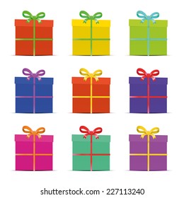 set of nine different colorful gift boxes for the new year, birthday, anniversary or for sale isolated on white, verctor eps10