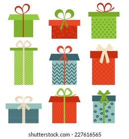 Set of nine different colorful gift boxes on light background. Vector version.  