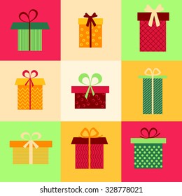 Set of nine different colorful gift boxes on light background. Vector illustration for Christmas design. 
