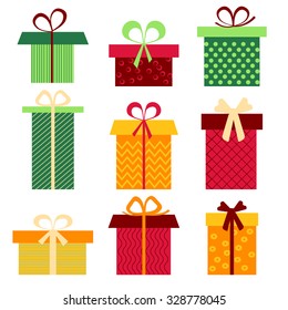 Set of nine different colorful gift boxes on light background. Vector illustration for Christmas design. 