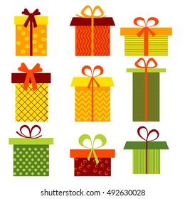 Set of nine different colorful gift boxes on light background. Vector illustration for Christmas design.