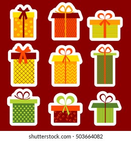 Set of nine different colorful gift boxes on colorful background. Vector illustration for Christmas design.