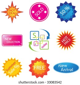 Set of nine different colorful sale stickers