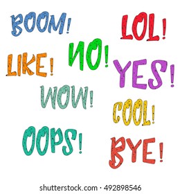 Set of nine different, colorful stickers at white background. LOL, LIKE, BOOM, WOW, COOL, NO, BYE, OOPS, YES. 