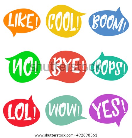 Set of nine different, colorful stickers at white background. speech bubbles with LOL, LIKE, BOOM, WOW, COOL, NO, BYE, OOPS, YES. 