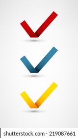 Set of nine different colorful vector check marks or ticks conceptual of confirmation acceptance positive passed voting agreement true or completion of tasks on a list. Curved tick in form of ribbons