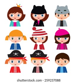 Set of nine different colorful vector with various schoolgirls and schoolboys with different hairstyles and hats. Isolated on white background