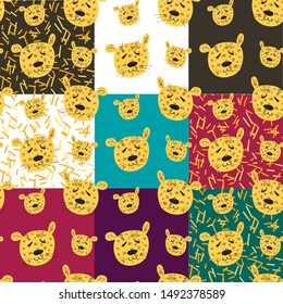 Set of nine different colors patterns with leopard cute face. Kids illustration, pattern