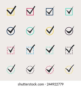Set of nine different colors vector check marks or ticks in boxes conceptual of confirmation acceptance positive passed voting agreement true or completion of tasks on a list