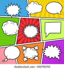 Set Of Nine Different Comic Elements At Colorful Comic Strip Background. Speech Bubbles, Emotion And Actions Frames. Isolated, Vector Eps 10.