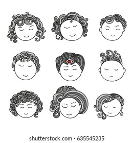 Set of nine different cute hand drawn faces. Doodle collection of avatars. Artistic design elements. Vector Illustration isolated on background.