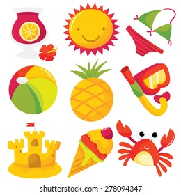 A set of nine different cute tropical summer icons.