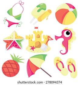 A set of nine different cute tropical sun icons.