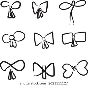 A set of nine different decorative bow designs drawn in a minimalist black and white style, great for fashion, design projects, or art concepts.