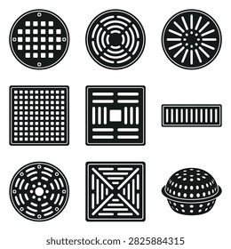 A set of nine different drain covers and grates in various shapes and patterns