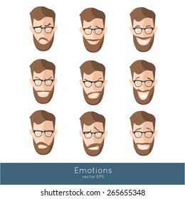 set of nine different emotions on hipster faces. vector layered collection