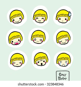 Set of nine different emotions on girl faces vector cartoon.