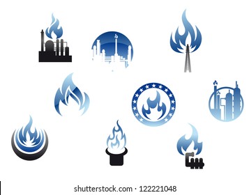 Set of nine different energy icons with gas flames depicting a petrochemical plant, industry with chimneys, domestic consumption and heating. Jpeg version also available in gallery