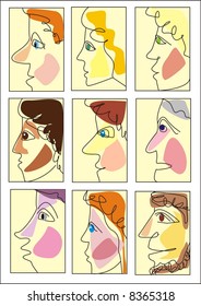 set of nine different faces. vector.