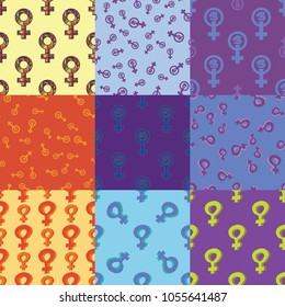Set of nine different feminist venus mirror seamless patterns. Vector graphic design